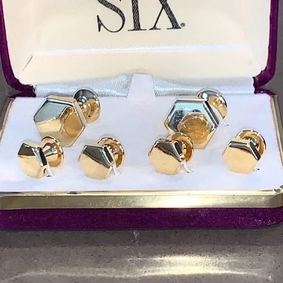 Vtg After Six Gold Tone Hexagon Cuff Link Tuxedo Stud 6 Piece Set - Picture 2 of 5